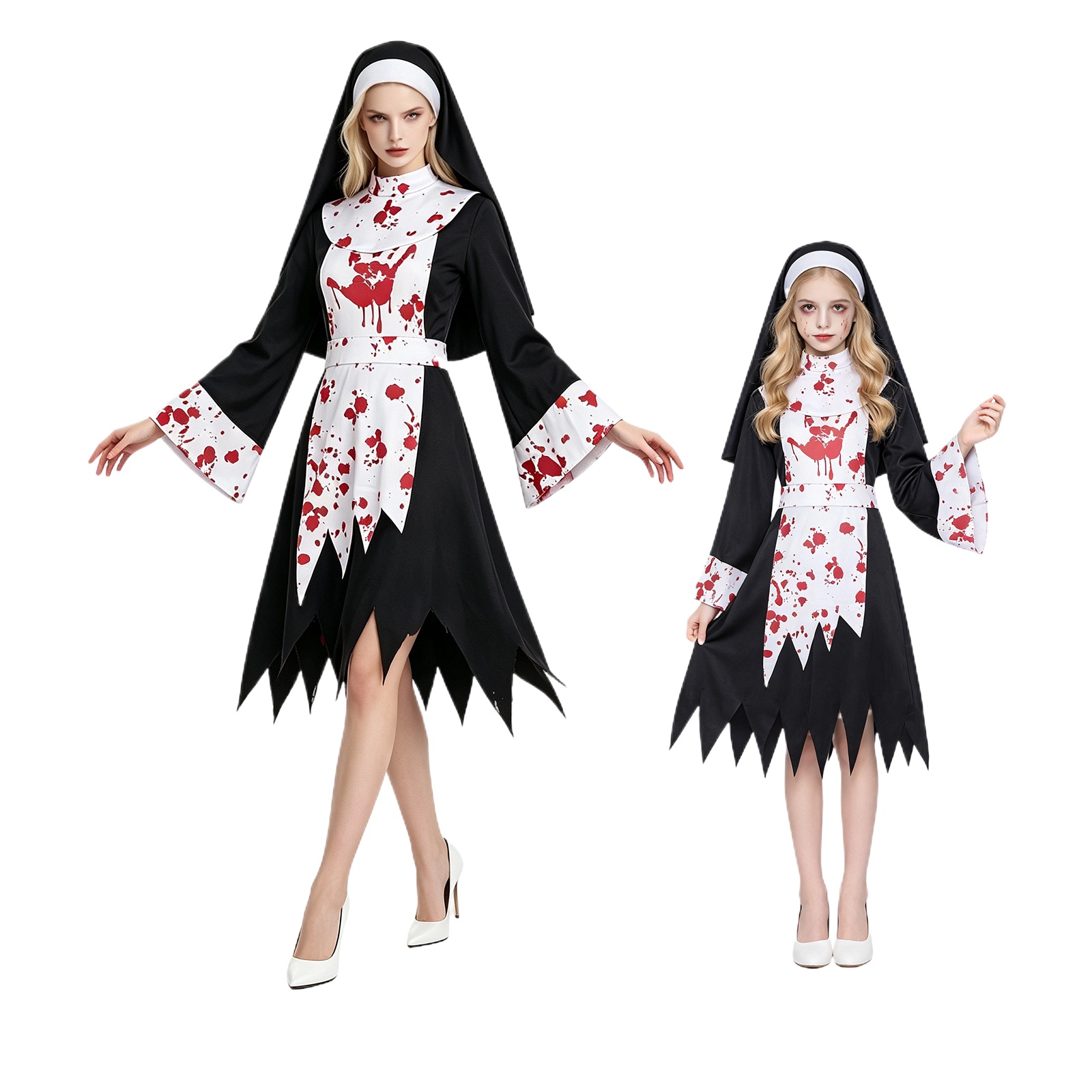 Bathrobe - Damen Kinder Halloween Gruseliger Dunkler Nonnen-Cosplay-Kostüm